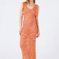 Knitted Long Dress With Chest Ruffle in Melange Orange