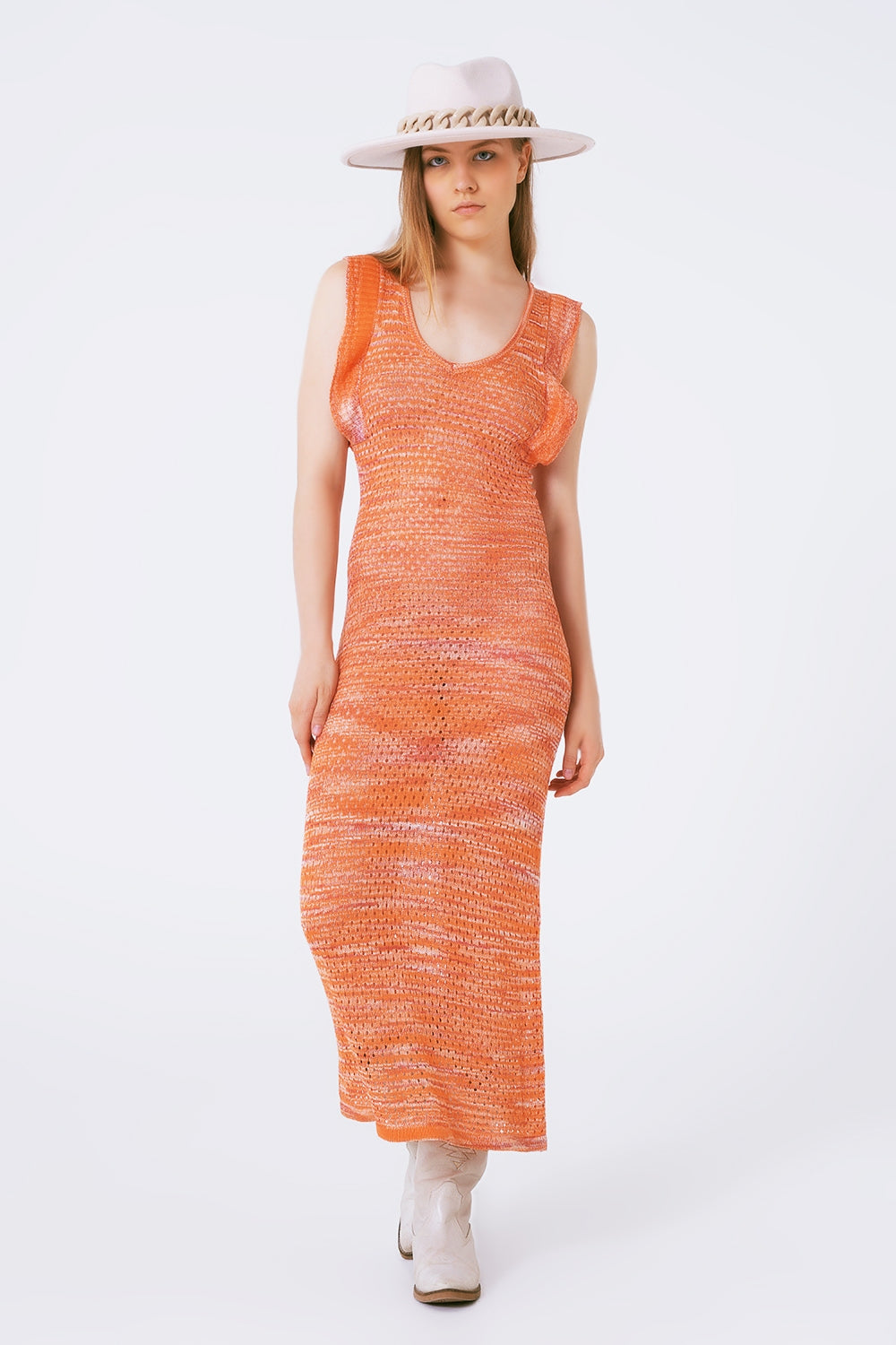 Knitted Long Dress With Chest Ruffle in Melange Orange