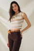 Q2 Knitted Tints of Beige Sleeveless Sweater With Stripes and Crew Neckline