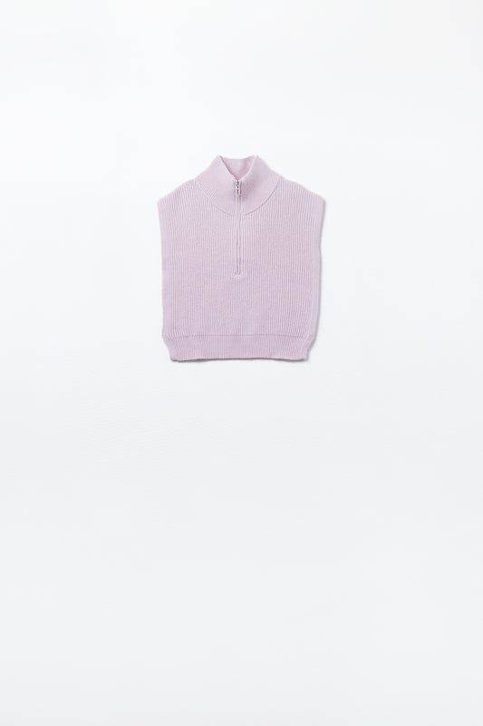 Knitted Vest with High Half-Zip Collar and Large Armholes in pink