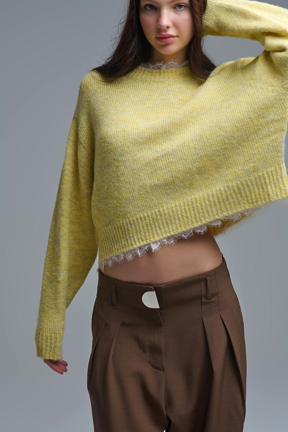 Q2 Lace Detail Relaxed Yellow Sweater