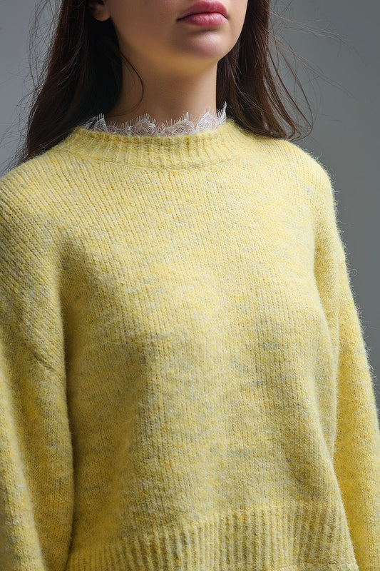 Lace Detail Relaxed Yellow Sweater