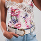 Lace trim satin cami in pink roses print