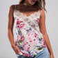 Lace trim satin cami in pink roses print