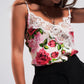 Lace trim satin cami in rose print