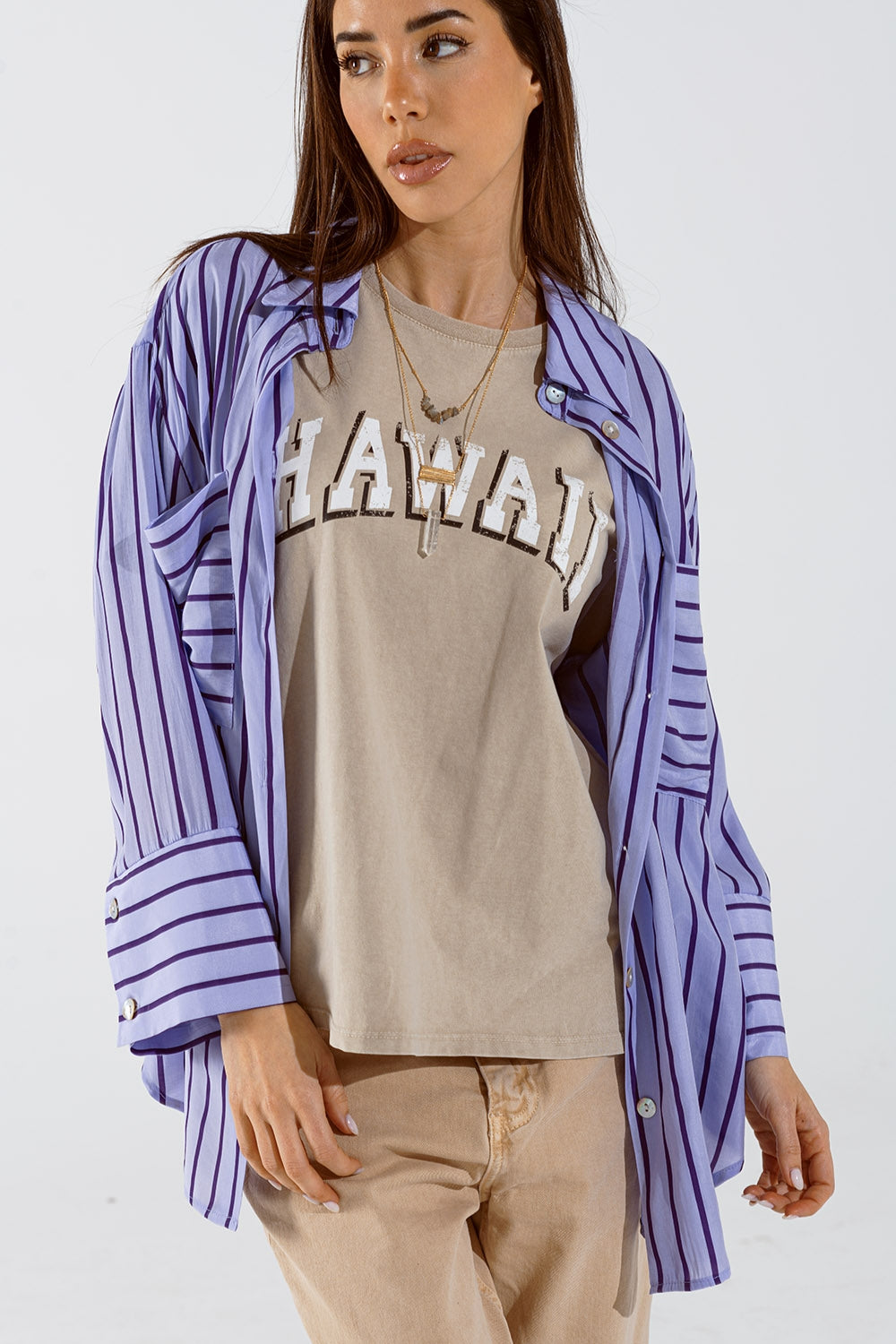 Q2 Lavander shirt with purple stripes and chest pockets