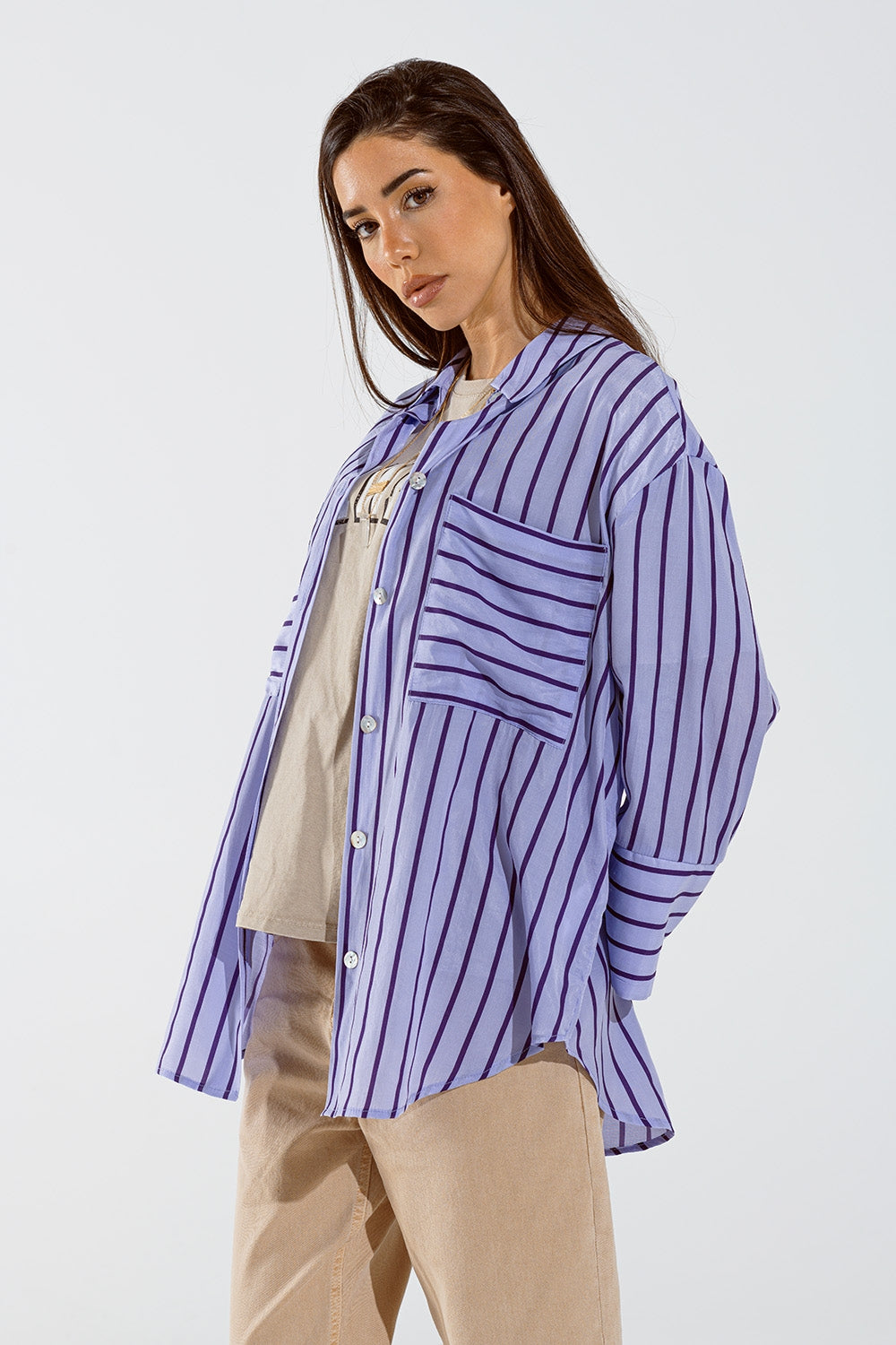 Lavander shirt with purple stripes and chest pockets