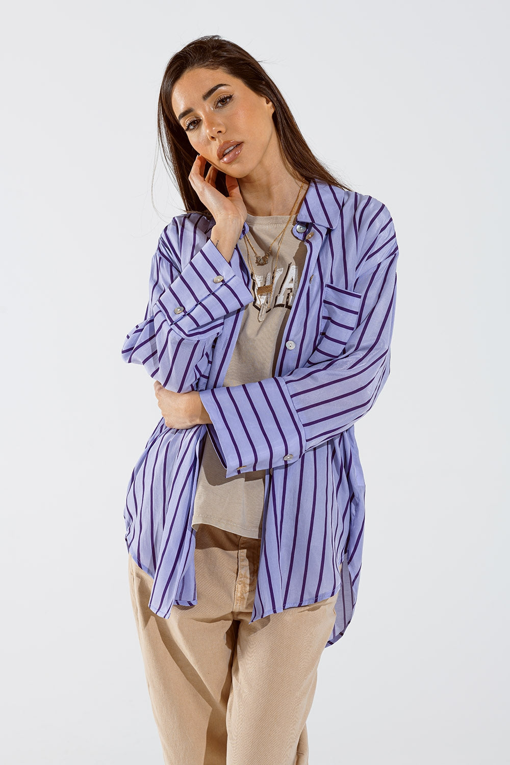 Lavander shirt with purple stripes and chest pockets