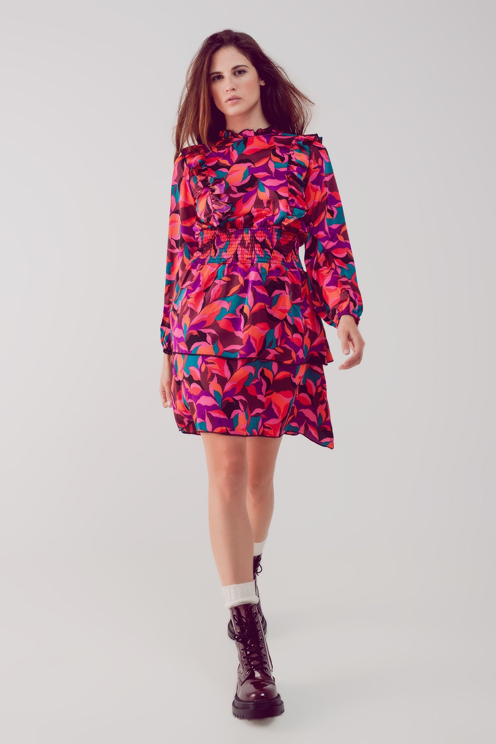 Q2 Layered frill mini dress in fucshia floral