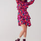 Layered frill mini dress in fucshia floral