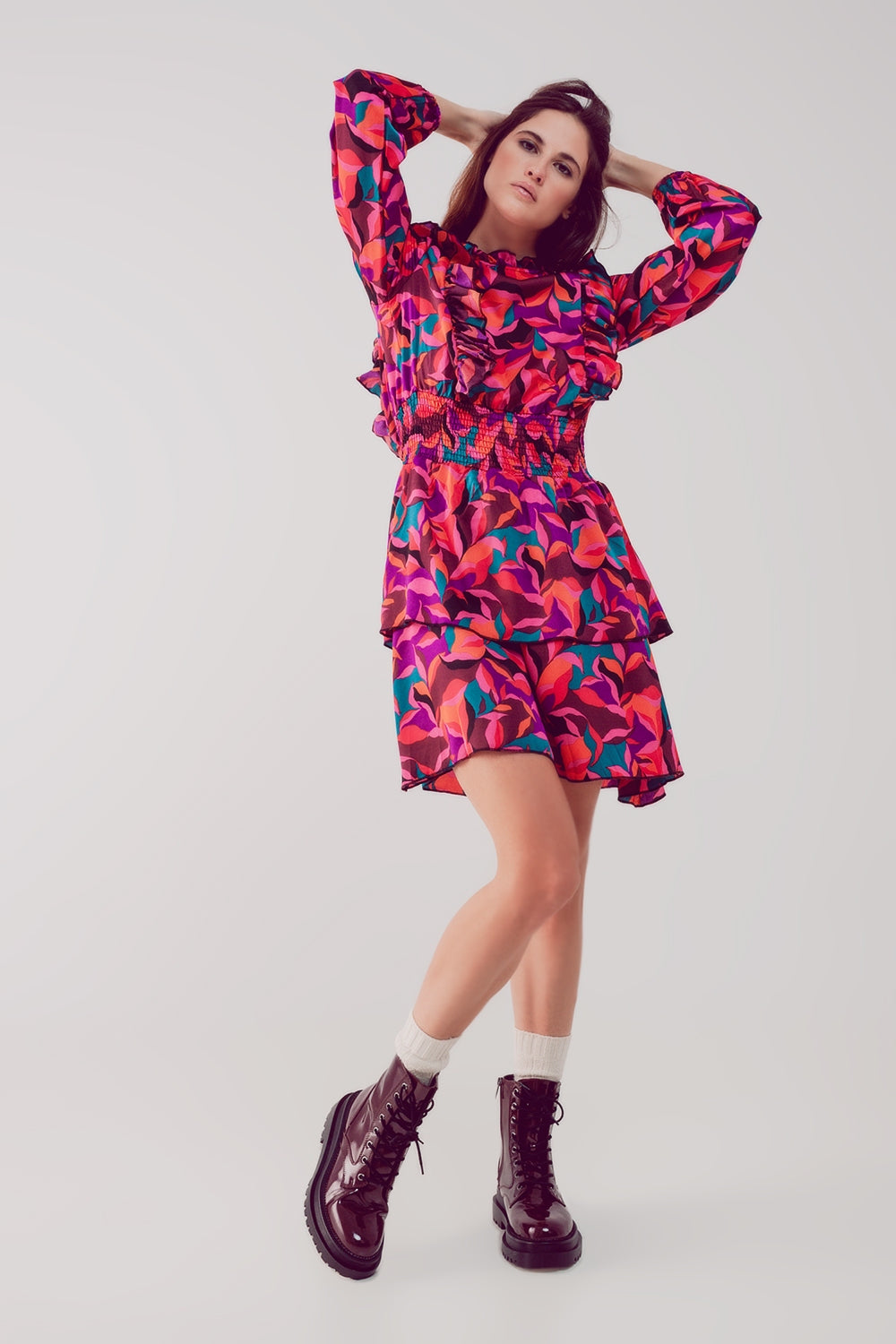 Layered frill mini dress in fucshia floral