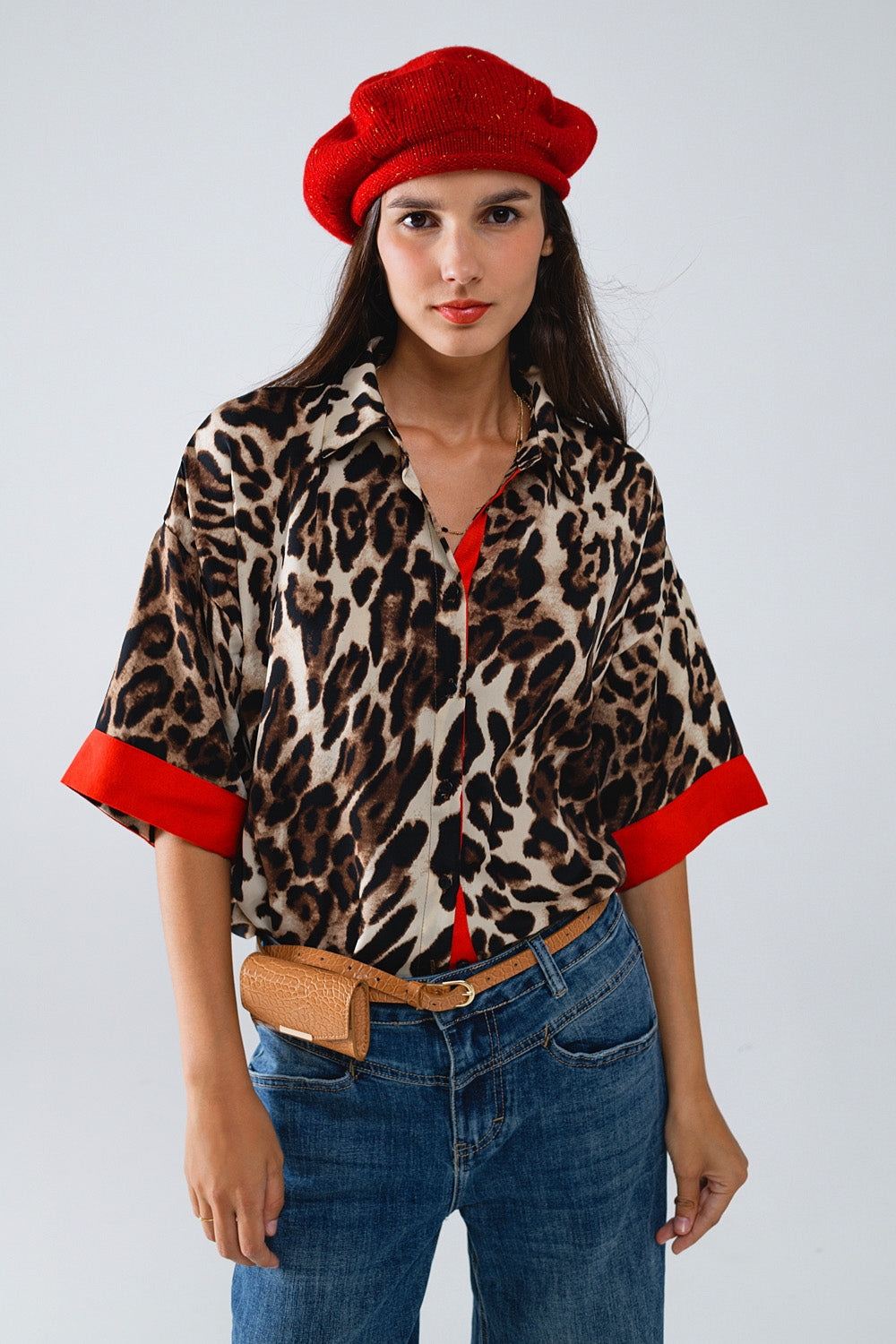 Q2 Leopard 3/4 Sleeves Shirt WIth Red Details