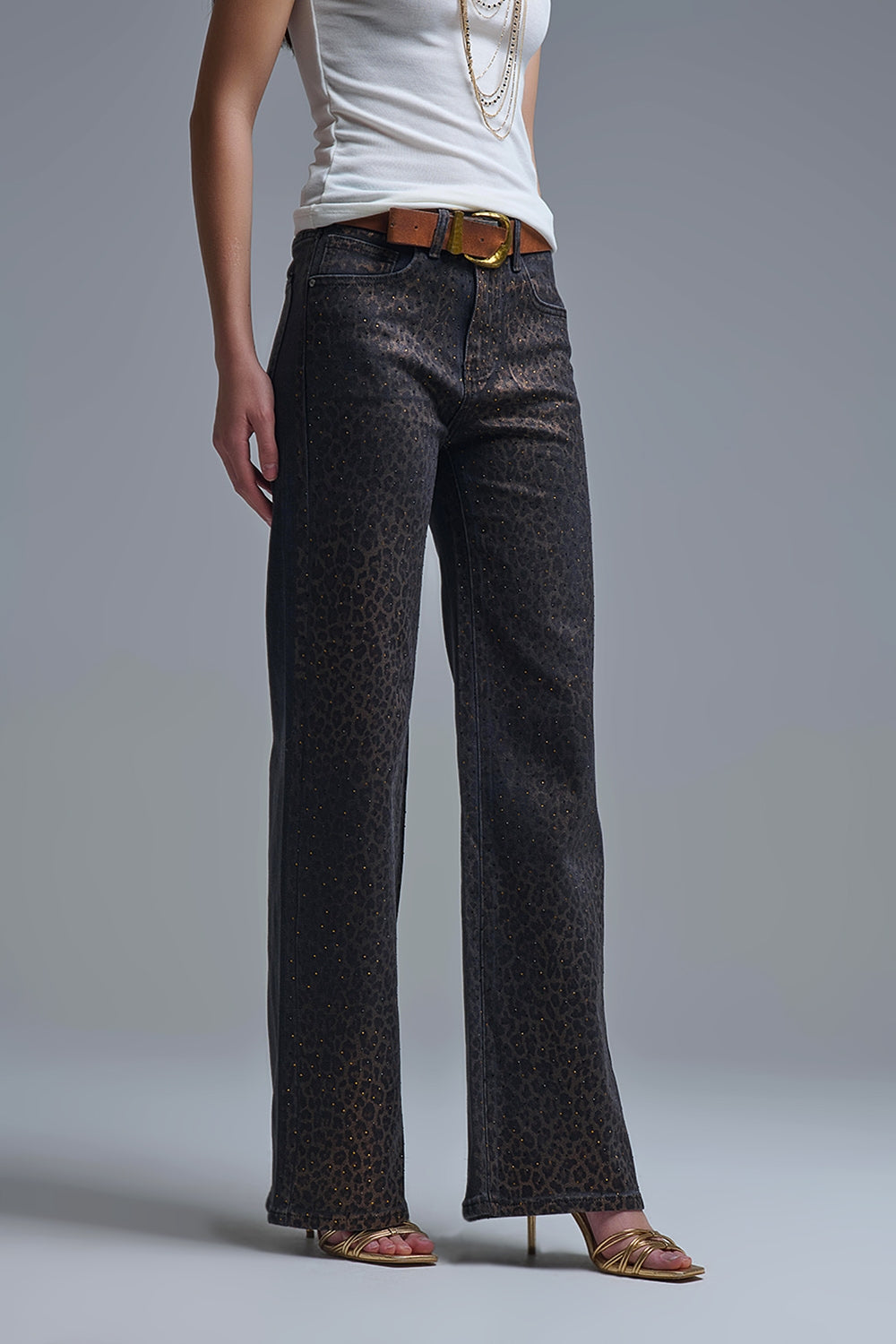 Q2 Leopard Print Black Straight-Leg Jeans with strass detail