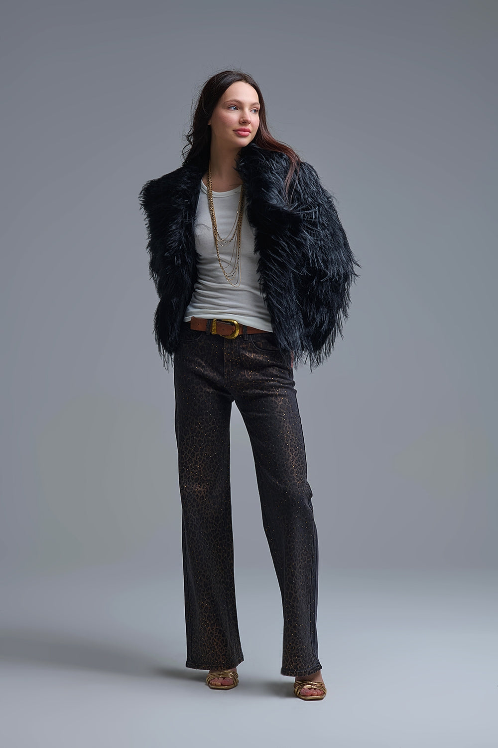 Leopard Print Black Straight-Leg Jeans with strass detail