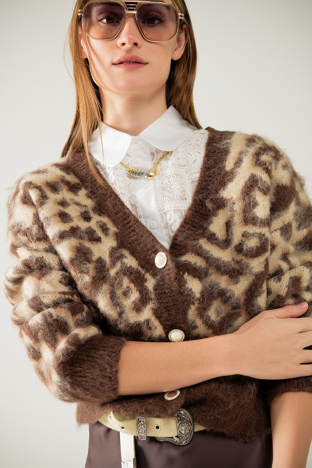 leopard print cardigan with wool in beige