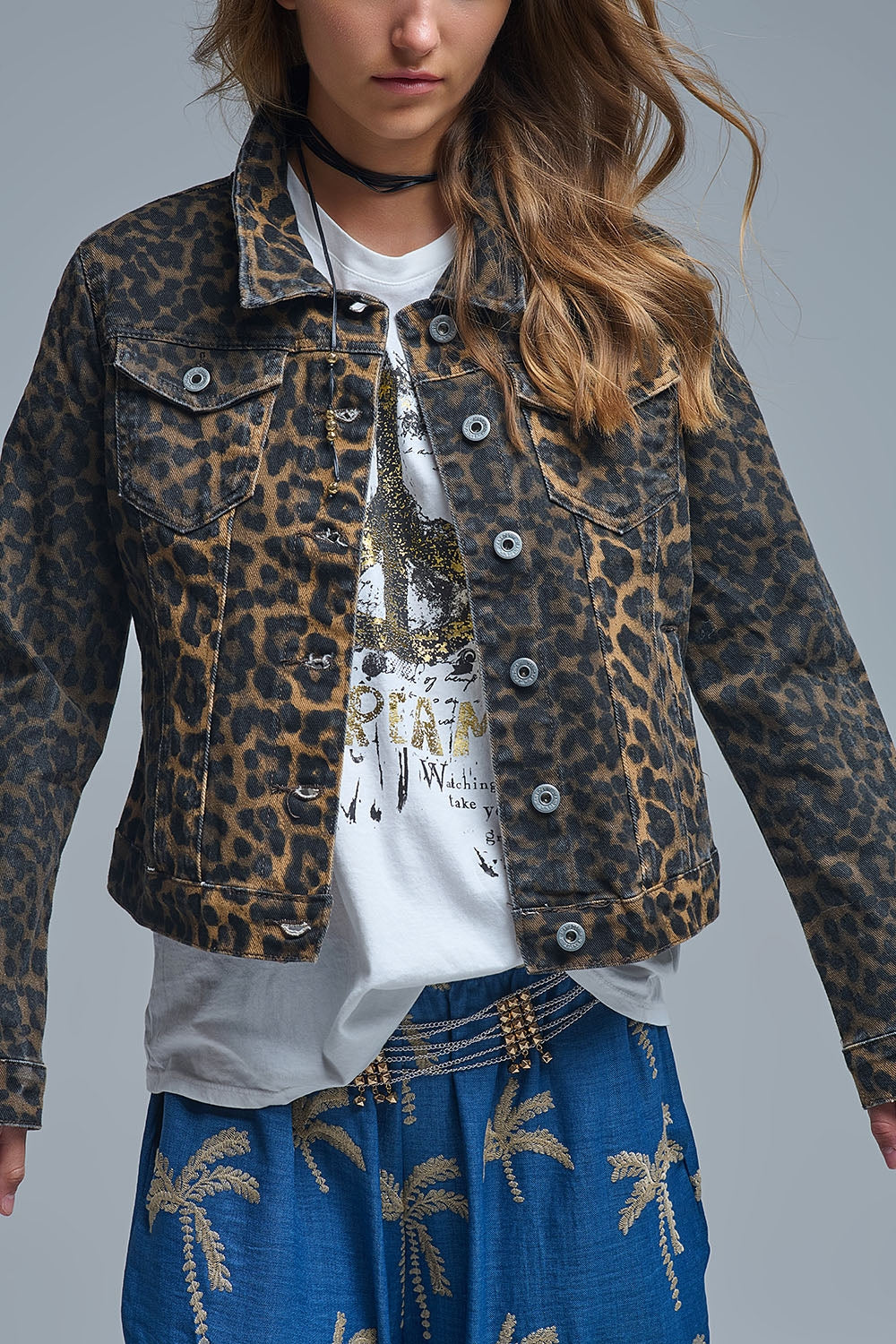Leopard Print Denim Jacket in denim fabric