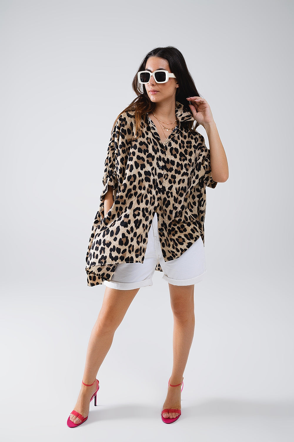 Camisa oversize con estampado de leopardo y mangas largas 3/4