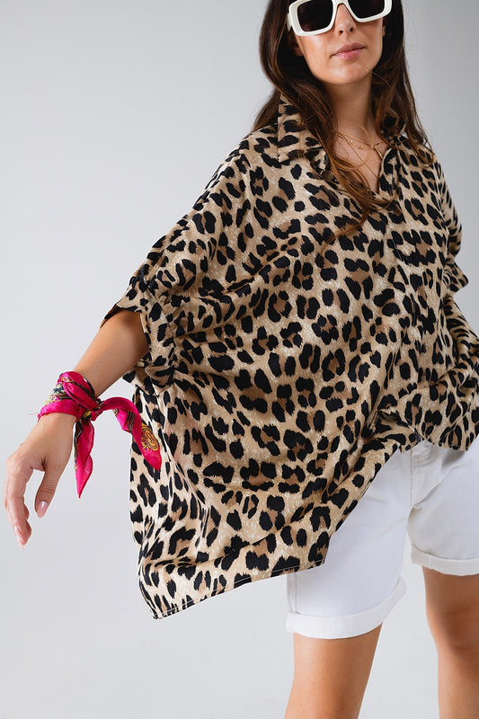 Camisa oversize con estampado de leopardo y mangas largas 3/4