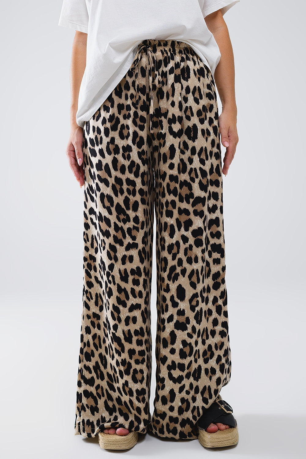 Q2 Leopard Print Pants With Drawstring and Pockets