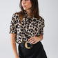 Q2 Leopard Print Tie-Neck Shirt With Puff Sleeves