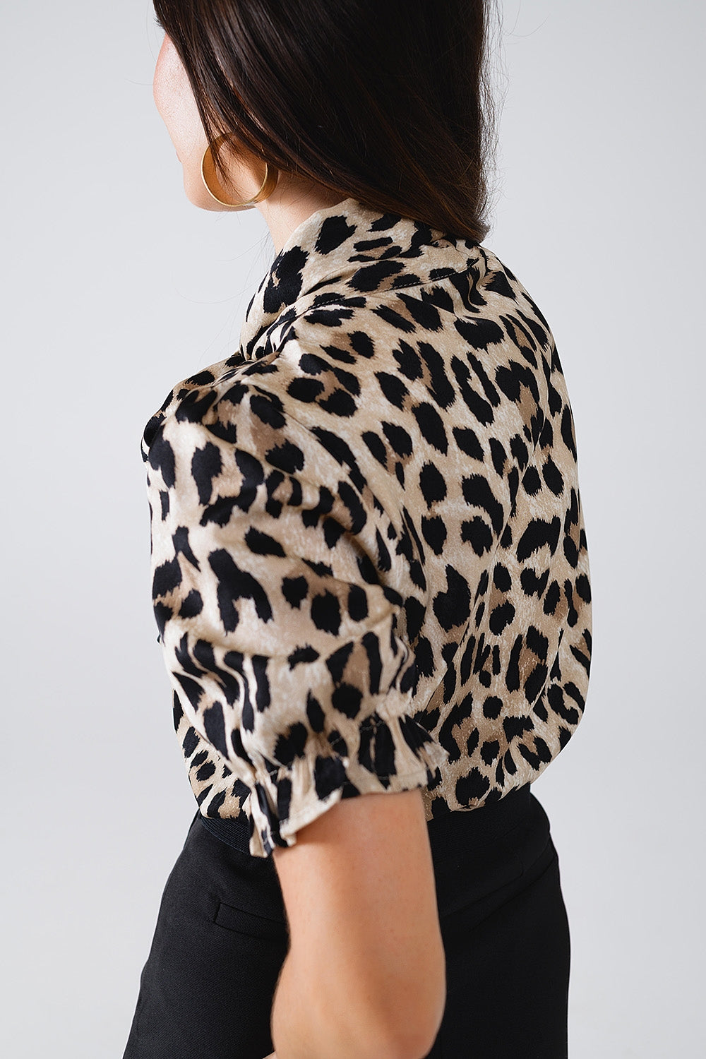 Leopard Print Tie-Neck Shirt With Puff Sleeves