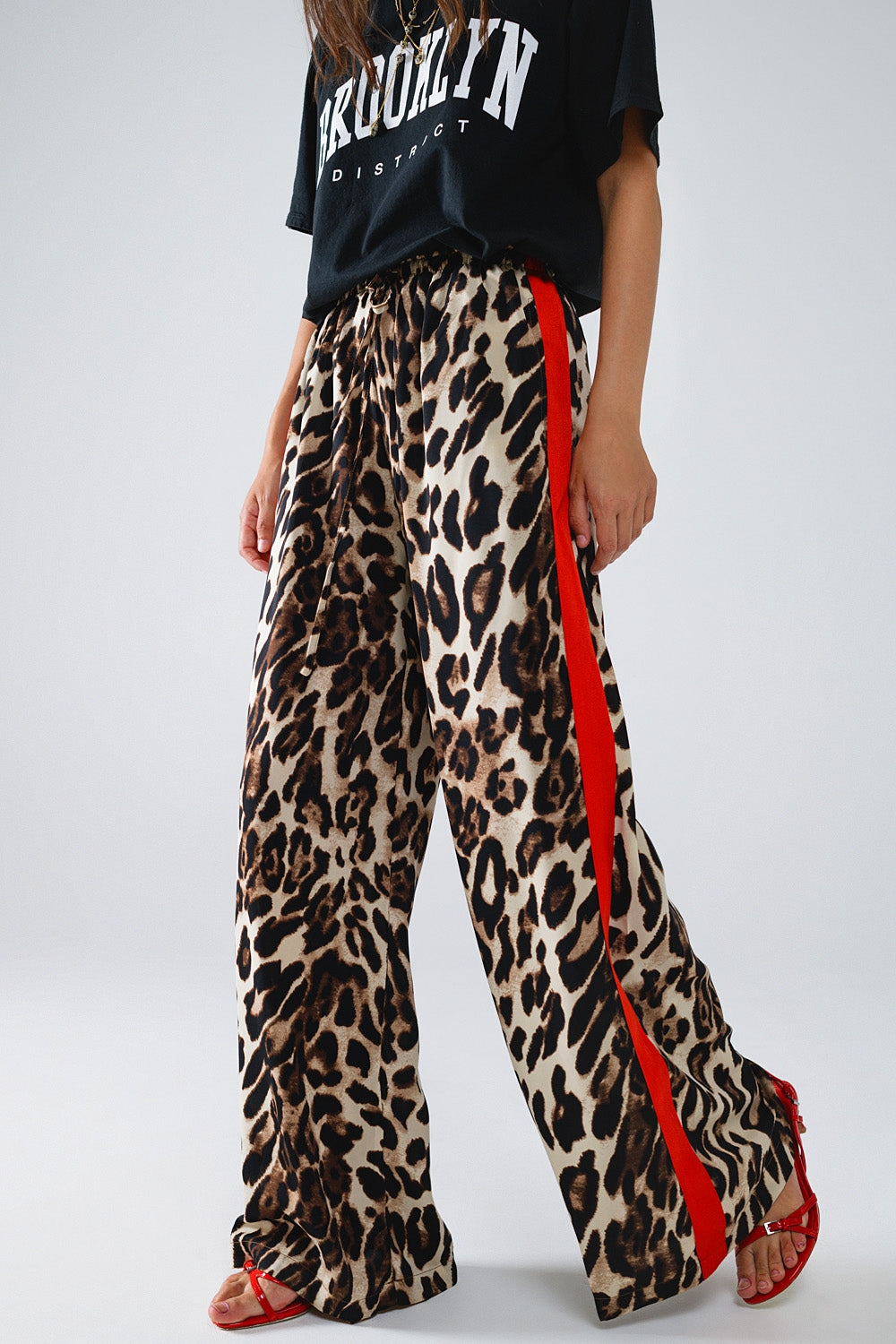 Q2 Leopard Straight Pants With Red Stripes Down The Sides