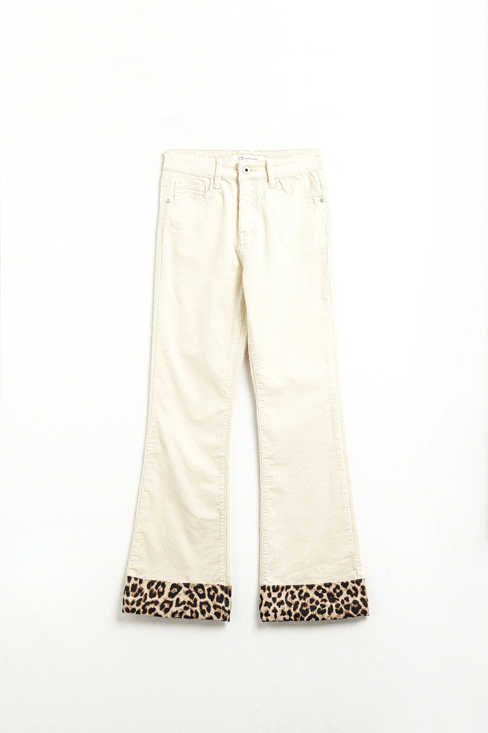 Q2 Light Beige Corduroy flare pants with leopard print at the bottom