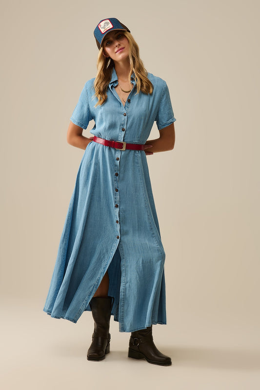 Light Blue Buttoned Tencel fabric Maxi Dress