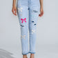 Q2 Light Blue super Skinny Jeans With Bow ties and Ripped Holes