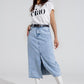 Light Denim Midi Skirt With Front Slit And Diamante Embellishment