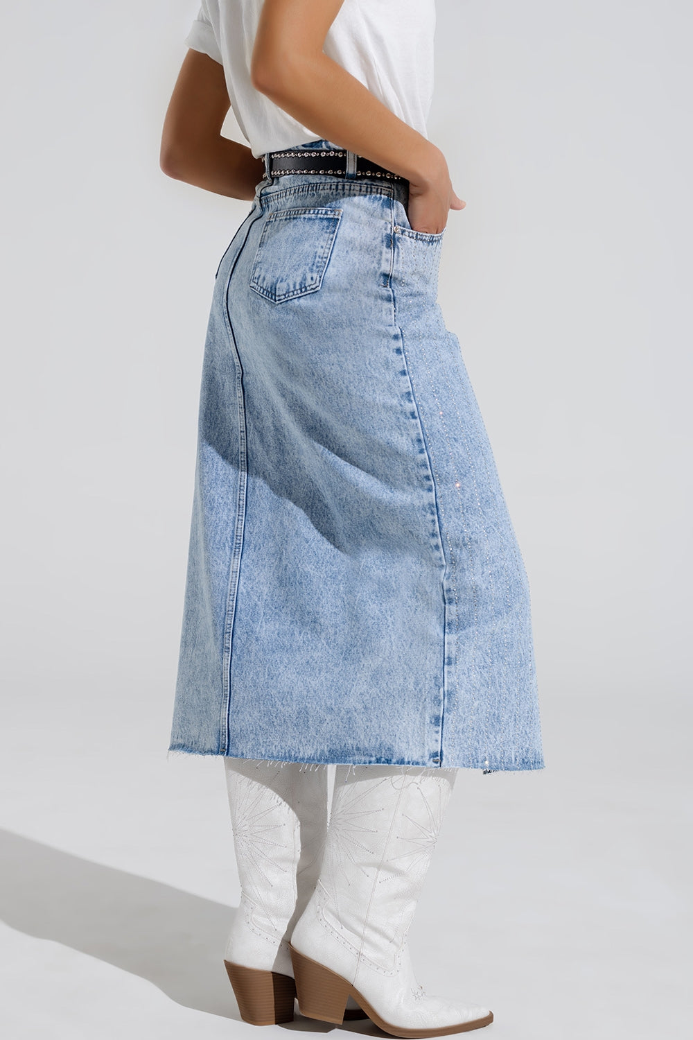 Light Denim Midi Skirt With Front Slit And Diamante Embellishment