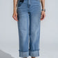 Q2 Light Wash Denim Straight Jeans With Folded Hem In Light Wash