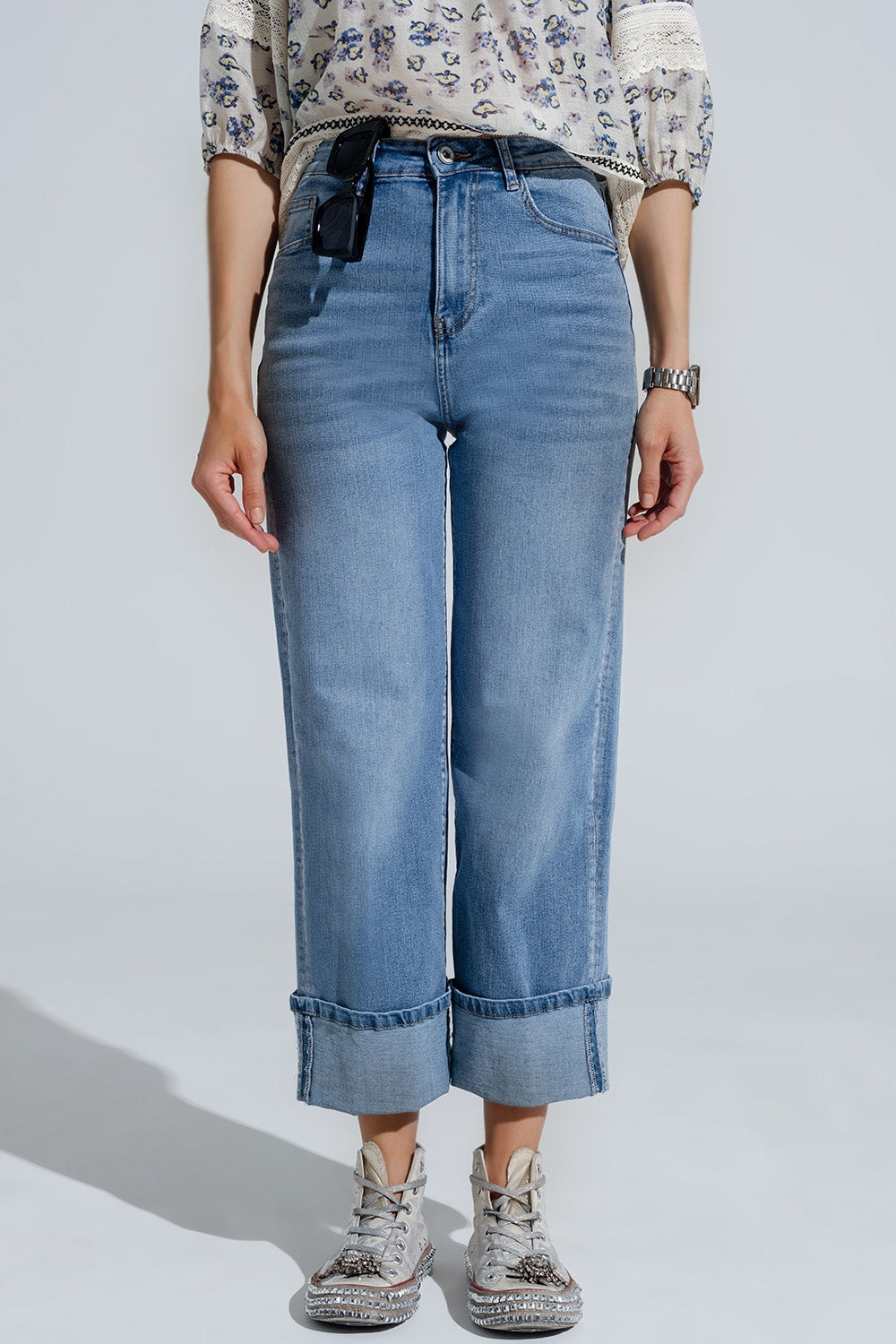 Q2 Light Wash Denim Straight Jeans With Folded Hem In Light Wash