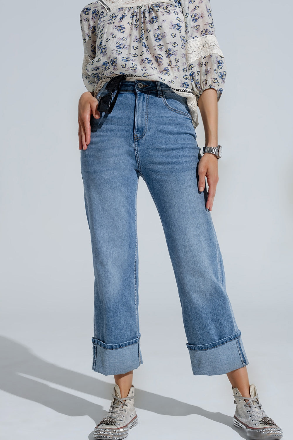 Light Wash Denim Straight Jeans With Folded Hem In Light Wash