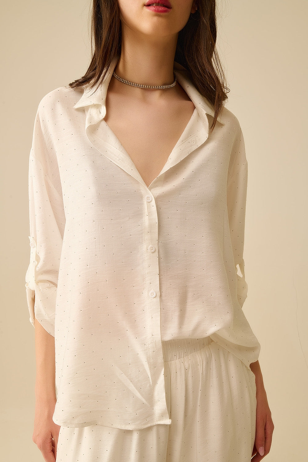 Q2 lightweight white shirt with rhinestone details