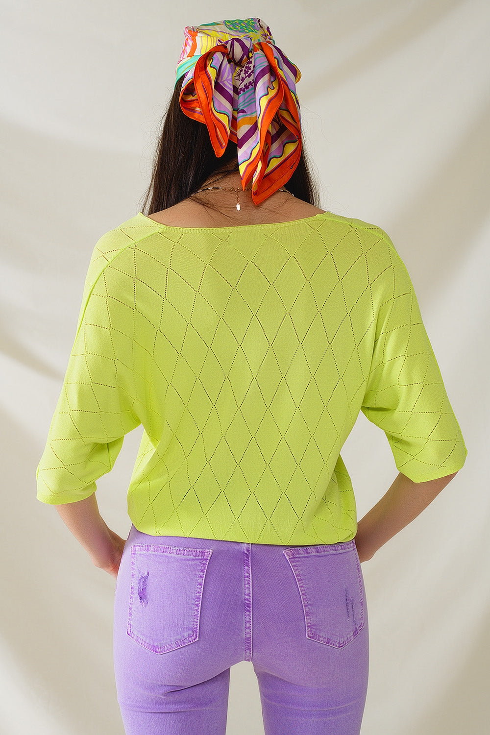 Lime Colored Short Sleeve Sweater With Argyle Pattern