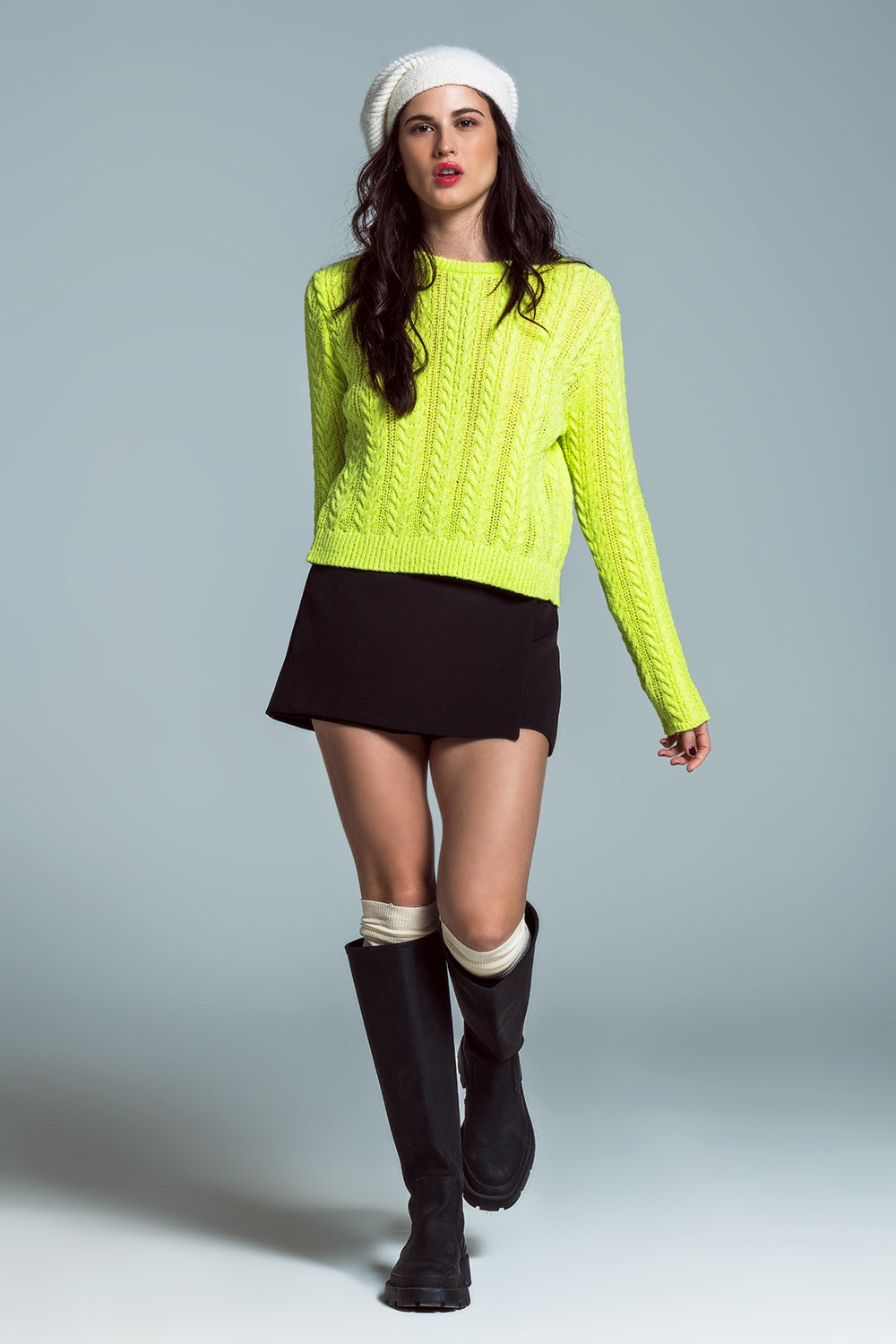 Lime green cable knit jumper with open back and bows