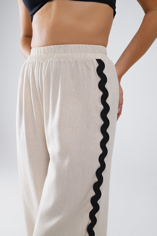 Linen Contrast Scallop Trim Pants in Beige