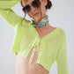 Q2 Long Bell Sleeve Knitted Cardigan in Lime Green With knot detail