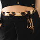 Long black pleated pants with leopard detail at the waist