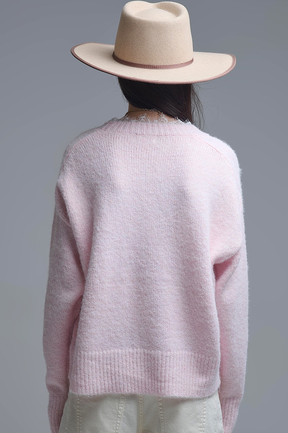 Long Oversized Pink Sweater With Lace Details at Cuffs and Neck
