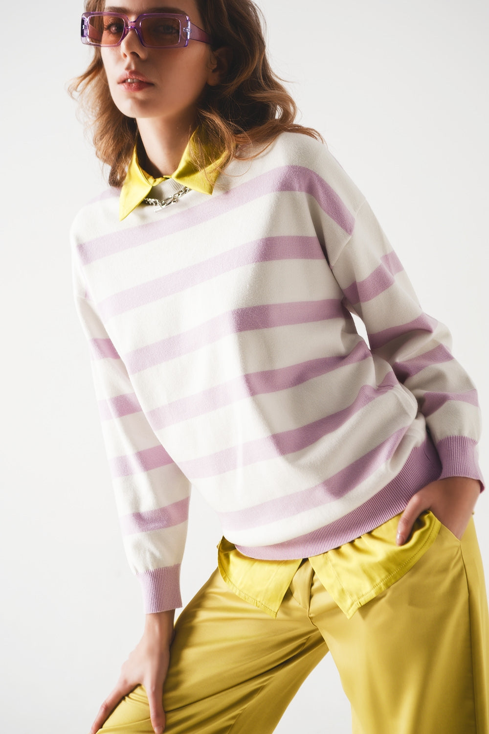 Q2 Long purple striped sweater