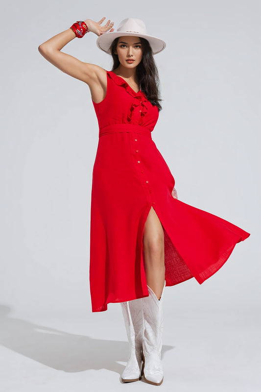 Q2 long red dress with ruffle and button detail