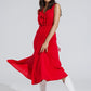 Long red dress with ruffle and button detail