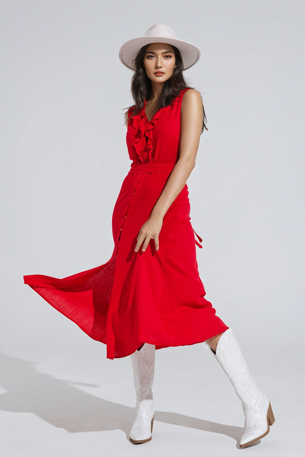 Long red dress with ruffle and button detail