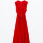 Long red dress with ruffle and button detail