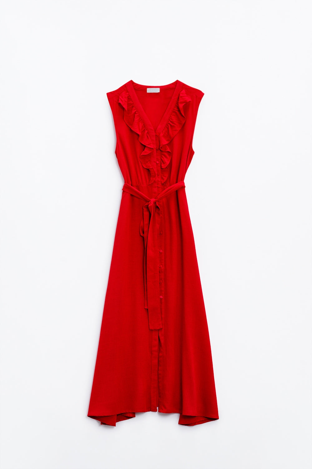 Long red dress with ruffle and button detail