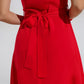 Long red dress with ruffle and button detail