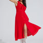 Q2 long red dress with ruffle and button detail