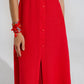 Long red dress with ruffle and button detail